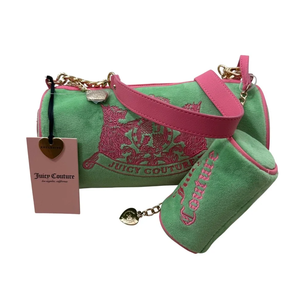 Juicy Couture Retro Green Pink Velour Scottie Dogs Barrel Satchel Bag NWT